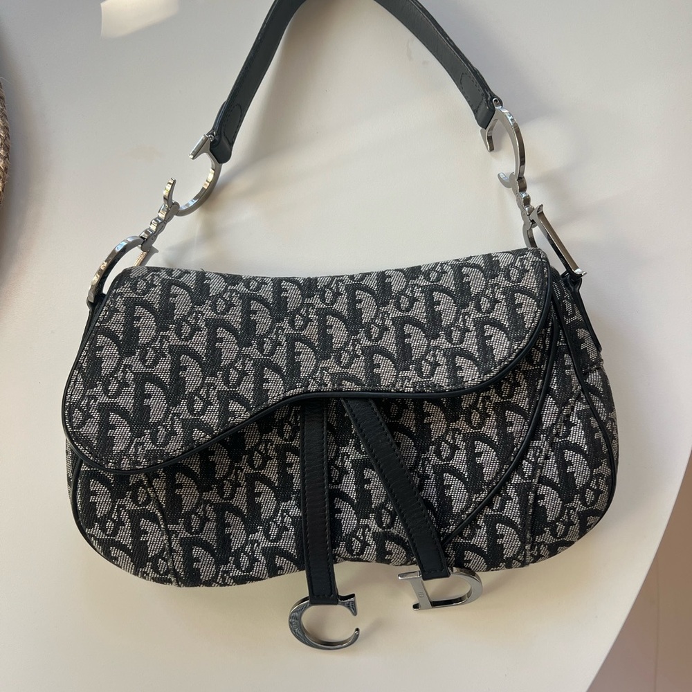 Dior Vintage Double Saddle Black Canvas Purse
